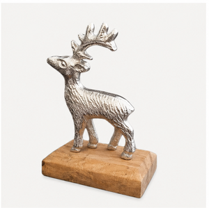 Elegant Silver Aluminum Reindeer Figurine Statue With Natural Mango Wood Base Modern Handcrafted Stag Sculpture For <b>Christmas</b> - Product Image 3