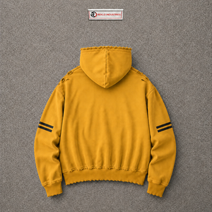 เสื้อฮู้ดดี้ผู้ชายสีเหลืองพรีเมียม ทรงโอเวอร์ไซส์ ผ้าฝ้ายเฟรนช์เทอร์รี่ สวมใส่สบายๆ สำหรับฤดูใบไม้ร่วง มีโลโก้ด้านหน้า แถบลายที่แขนเสื้อ พร้อมโลโก้ด้านหลัง - Product Image 6