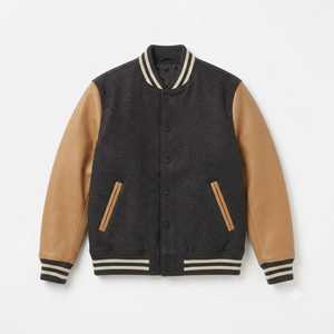 <b>Men's</b> Dark Gray Casual <b>Baseball</b> Varsity <b>Jacket</b> With Tan Leather Sleeves Turn-down Collar Button Closure Casual Autumn Wear - Product Image 1