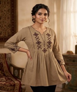 Chiku <b>Women</b> Traditional Cotton <b>Kurta</b> Kurti Loose Fit Embroidery Work Casual Wear India Pakistan Style 86849 VT-2608 - Product Image 1