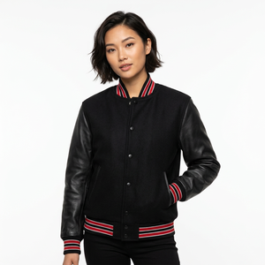 Chaqueta Varsity de Cuero Genuino Negro para Hombre, con Cuello Alto, Botones a Presión y Ribete Rojo - Product Image 5