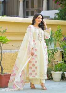Stylish Womens Off <b>White</b> 60x60 Cotton Mirror <b>Work</b> Suit Set with Printed Kurta Palazzo <b>Trousers</b> and Soft Dupatta for Festive Wear - Product Image 4