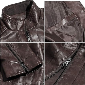Wholesale Men's Genuine Leather Biker Jacket <b>Fur</b> <b>Trim</b> Stand Collar Solid Pattern Zipper Front Streetwear Style Sherpa Lining - Product Image 5