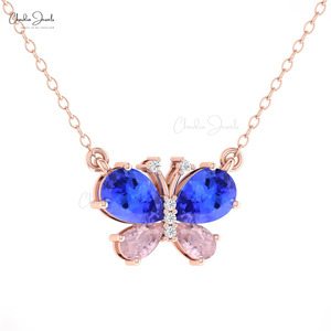 Vendeur vérifié Alibaba, collier papillon en pierres précieuses tanzanite bleue 1,26 ct et morganite rose, or massif 14 carats, bijoux pour femmes - Product Image 4