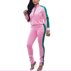 Unisex <b>Pink</b> Green Color Blocking <b>Tracksuit</b> Full Zipper Hooded Casual Jogging Pants Set Spring Breathable Quick Dry Spandex - Product Image 3