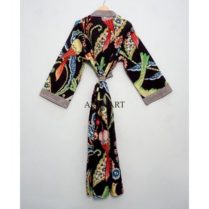 Kimono Kantha de Algodón Hecho a Mano, Diseño Floral, Cuello en V, Cintura Natural, Transpirable y de Secado Rápido, para Verano - Product Image 5