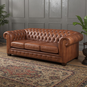 Sofá Chesterfield de Cuero Marrón de Lujo de 3 Plazas con Brazos Enrollados y Tapizado Profundo para Decoración de Sala de Estar - Product Image 1