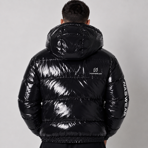 Unique Design Men's Black Hooded <b>Bubble</b> Jacket Waterproof Streetwear Winter <b>Coat</b> with Foil Print and Zipper <b>Bubble</b> Jacket - Product Image 3