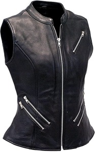 Chaleco de cuero genuino de piel de cordero negro para mujer, chaleco informal a la moda - Product Image 1