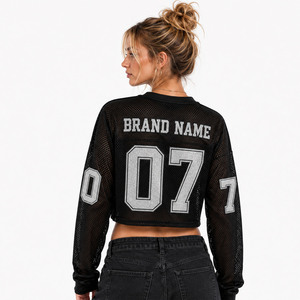 Camiseta Corta Negra Transpirable de Malla con Agujeros, Manga Larga, Estilo Retro Oversize, Jersey de Fútbol Americano, Estampado Personalizado de Marca, Camiseta Casual Y2K - Product Image 3