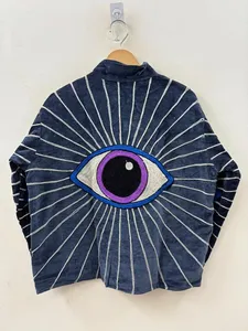 Chaqueta Corta de Terciopelo Azul Oscuro de la Colección Premium de Diseñador, Abrigo Tipo Shrug para Mujer, Chaqueta con Ojo Turco Místico - Product Image 2
