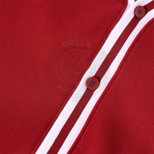 Cardigan rouge pour hommes et femmes, style sororité/fraternité, pull à manches longues, col en V, rayures blanches, en coton molletonné tricoté avec bordure contrastante - Product Image 6
