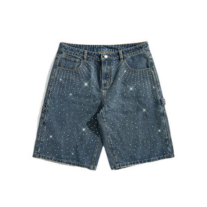 Shorts de Mezclilla Rectos con Lentejuelas Bordadas, Cintura Media, Estilo Cargo, Lavado Medio, Moda Verano, Shorts de Mezclilla Azules para Hombre - Product Image 1