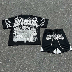 Nouvel ensemble personnalisé pour homme : T-shirt à épaules tombantes et short, 100 % coton, coupe courte et ample, en tissu tricoté épais - Product Image 1