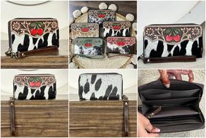 Cartera de cuero repujado Western Cherry 2026 de gran venta, de piel auténtica de vaca con pelo, con cremallera y organizador de muñeca - Product Image 3