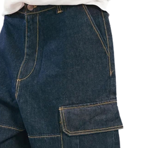 Pantalones Cargo de Mezclilla para Hombre, Color Azul Oscuro Lavado, Transpirables, con Bolsillos Utilitarios, Corte Ancho, Cierre de Botones - Product Image 3
