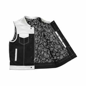 Gilet en cuir et toile respirant, style vintage automne, avec motif noir audacieux, surpiqûres contrastées et boutons recouverts pleine taille - Product Image 2