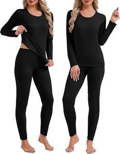ชุดกางเกงในกันหนาวสำหรับผู้หญิง ชุดชั้นในแบบยาวสำหรับเล่นสกี ฤดูหนาว เสื้อและกางเกงขายาว (บุขนแกะสีดำ, ไซส์ XL) - Product Image 1