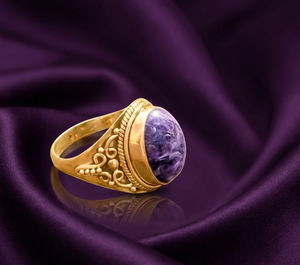 Charoite <b>Ring</b> <b>925</b> <b>Silver</b> Rose Gold & Yellow Gold Plated Vintage Oval Gemstone Statement <b>Ring</b> Handmade Jewelry for Women Men - Product Image 1