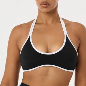 Women 2 Piece Yoga Set Black High Waist Shorts Scoop Neck Halter <b>Bra</b> Contrast Binding Breathable Spandex Polyester Solid Pattern - Product Image 3