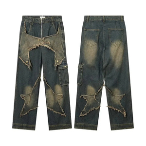 Pantalon cargo en jean déchiré taille haute coupe ample motif étoile style streetwear en coton pour l'automne - Product Image 3