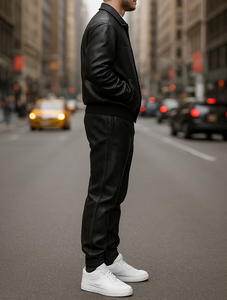 Men's Leather Look Tracksuit Set Full Length Jacket With Button Up Collar And Drawstring <b>Pants</b> Casual Autumn Wear - Product Image 3