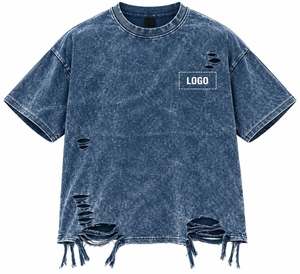 เสื้อยืดโอเวอร์ไซส์สำหรับผู้ชายชุดฤดูร้อนคอกลมมีชายริมและมีการฉีกขาด - Product Image 1