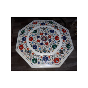 Très beau dessus de table en marbre blanc fait à la main de forme octogonale avec incrustation de fleurs pour le restaurant et la décoration intérieure - Product Image 3