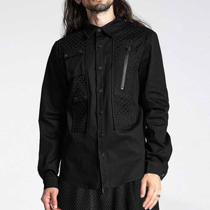 <b>Men's</b> Gothic Long Sleeve Shirt Dark Style Cargo Mesh Spliced Button Up Top Custom OEM ODM - Product Image 1
