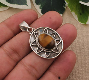 Wholesale Vintage Natural <b>Tiger</b> <b>Eye</b> Pendant 925 Sterling Silver Platinum Plated Yellow Gemstone Charm <b>Jewelry</b> Manufacturer Bulk - Product Image 2