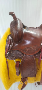 Silla de montar western premium de cuero genuino, hecha a mano, para carreras de barriles, duradera, para rodeo, ranch y senderismo, venta al por mayor - Product Image 3