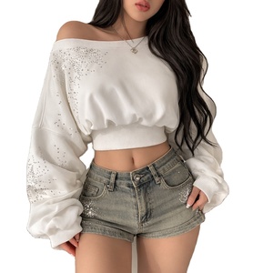 Sudadera Corta de Algodón con Hombros Descubiertos y Pedrería para Mujer, Estilo 2026, de Felpa, de Moda, Premium, de Alto Gramaje - Product Image 1