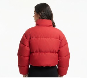 Premium Women's <b>Cropped</b> Elegant Red <b>Puffer</b> <b>Jacket</b> Quilted Winter Coat Stand Collar Full Zip Fashion Outerwear - Product Image 3