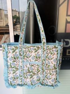 Indian Women's <b>Quilted</b> Cotton Lined Flower Animal Design Screen Printed <b>Tote</b> <b>Bag</b> For Shopping with Zipper Closure - Product Image 5