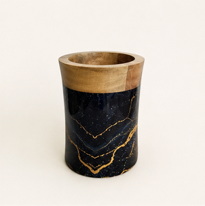 Jarrón de flores de lujo de mármol negro y madera maciza con incrustaciones doradas, centro de mesa decorativo moderno para el hogar y hoteles. - Product Image 4