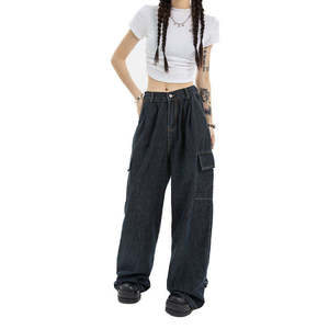 Pantalon cargo en jean taille haute pour femme grande taille, délavage foncé, coupe ample, longueur intégrale, style décontracté, 100 % coton, fermeture boutonnée - Product Image 6