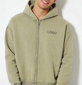 High Quality Acid Wash Zip Hoodie for Men Wholesale Streetwear Heavyweight Oversized Vintage Hooded Crop Hoodie - Product Image 2