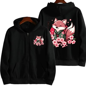Sudadera con capucha para mujer, nueva, de calidad, con cremallera, estampado gráfico, diseño japonés de zorro, flor de cerezo, Sakura, estilo anime - Product Image 1