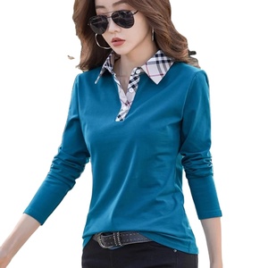 Camiseta de verano transpirable de manga larga de moda de gama alta para mujer para cuello a cuadros Casual hecho a medida tamaño 100% Jersey de algodón - Product Image 6