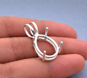 Handmade 925 Silver 8x10mm Pear Prong Semi Mount Designer Charm Pendant Empty Pre Notched Setting DIY Keepsake Jewelry Findings - Product Image 1