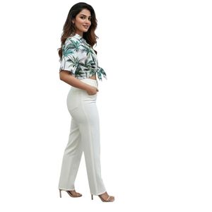 Camisa Blanca con Estampado Tropical Verde para Mujer, Estilo Casual, para Verano, Playa, Vacaciones, con Cuello, Ligera, Elegante y a la Moda - Product Image 3