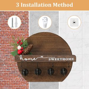 Porte-clés mural avec étagère à fleurs et crochets pour clés, organisateur de courrier, support mural en bois rustique rond - Product Image 5