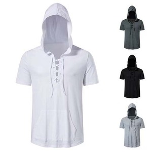 Mens <b>Short</b> <b>Sleeve</b> <b>Hoodie</b> Lace Up Solid Casual Hooded T Shirt with Pocket Summer Top - Product Image 6