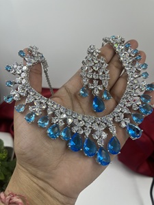 Parure de bijoux en zircon cubique plaqué argent, collier et boucles d'oreilles en zircon bleu taille poire, imitation bijoux de mariage pour femme - Product Image 1