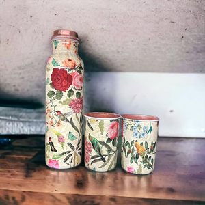 Botella de Agua de Cobre, Diseño Bohemio Negro, Portátil, para Viajes, con Patrón de Elefante y Palmera, Acabado Negro - Product Image 5