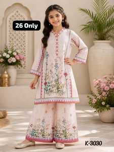 Salwar Kameez Tradicional para Niñas, Algodón con Estampado Floral, Corte Holgado, Largo hasta el Tobillo, K-3030, India Pakistán, Ropa Casual - Product Image 1