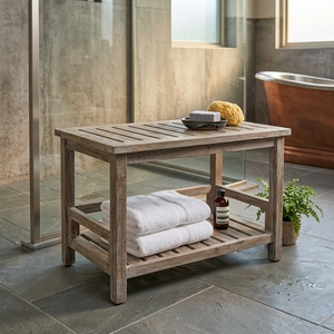 Tabouret en teck léger fait main Ananta avec assise à lattes, banc rustique moderne, meuble portable pour salle de bain et salon, vente en gros - Product Image 5