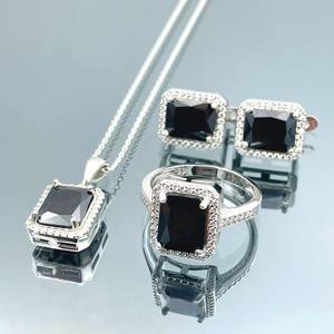Ensemble de bijoux en argent sterling fait main avec pierres d'onyx, bague, boucles d'oreilles et collier en pierres baguette, pierres précieuses noires naturelles, cadeau élégant - Product Image 5