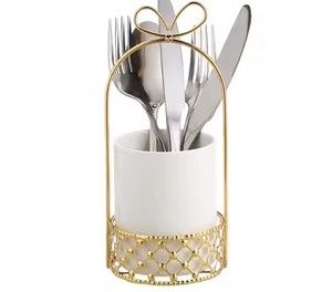Modern Gold Metal Cutlery Holder Cylindrical White Ceramic Base <b>Kitchen</b> Storage Rack Durable Standing Design <b>Caddy</b> - Product Image 1