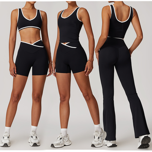 Ensemble de vêtements de sport de luxe pour femmes, 5 pièces, vente en gros : soutien-gorge de sport à dos croisé + veste de sport + short de sport + leggings de yoga - Product Image 3